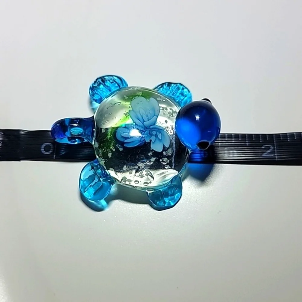 NEW Handcrafted Blown Art Glass Turtle Charm Pendant Floral with Luminous Specks